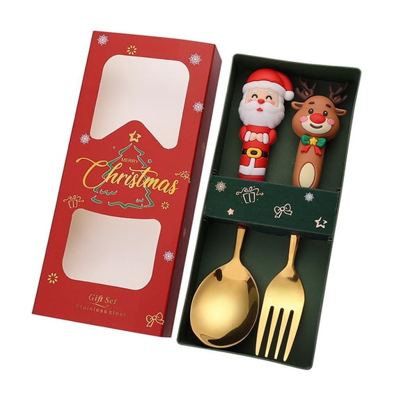 Christmas Spoon Fork 2-piece Set,Creative Cutlery Christmas Tableware,Stainless Steel Dessert Spoons Forks for Kitchen Party Favors