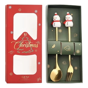 Christmas Spoon & Fork Set, Stainless Steel Coffee Spoons and Holiday Dessert Forks, Festive Decorated Utensils for Christmas Dining, Parties, Gifts