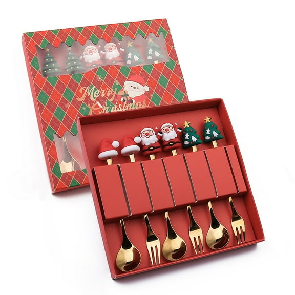 Christmas Spoon Stainless Steel Christmas Tree Tea Spoon for Home, Xmas Coffee Spoon Dinner Forks Dessert Spoon Stirring Spoon Ice Cream Spoon Creative Tableware Gift, Xmas Spoon 6-piece Gift Box