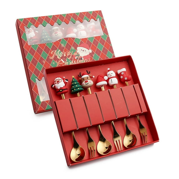 Christmas Spoon Stainless Steel Christmas Tree Tea Spoon for Home, Xmas Coffee Spoon Dinner Forks Dessert Spoon Stirring Spoon Ice Cream Spoon Creative Tableware Gift, Xmas Spoon 6-piece Gift Box