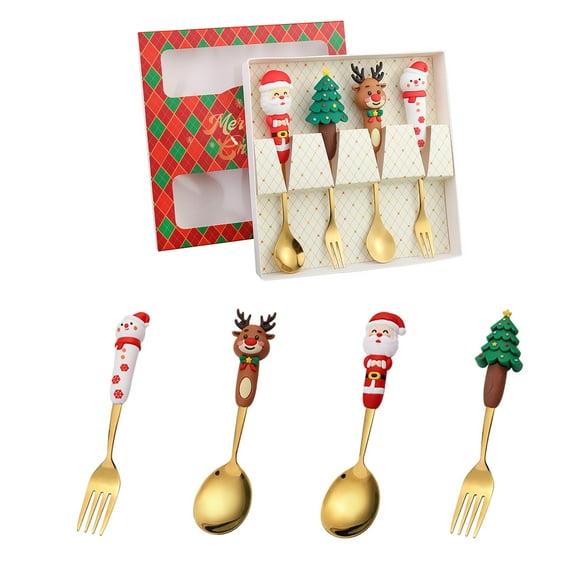 Christmas Spoon and Fork Set – Gold Stainless Steel Holiday Cutlery with Santa, Snowman & Tree Design, Festive Flatware Gift for Dessert or Fruit
