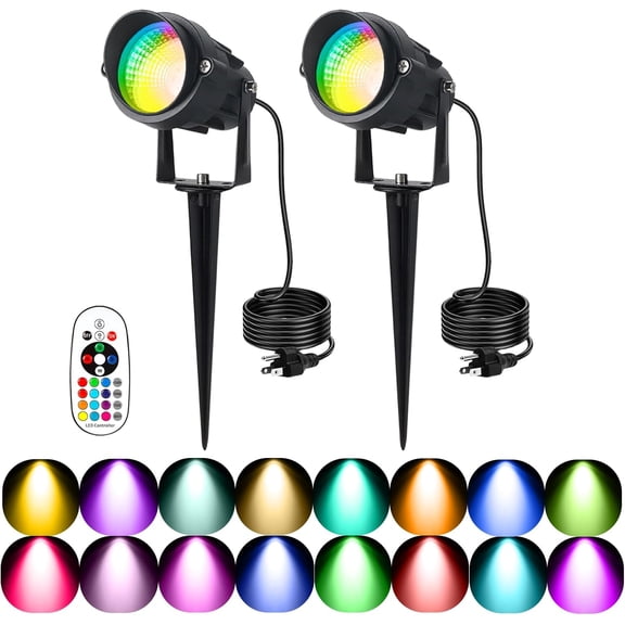 Christmas Spotlights Outdoor, 12W Color Changing Landscape Lighting 120V Spotlight with Plug & Remote for House Garden Path Tree Patio Lawn Decoration (2