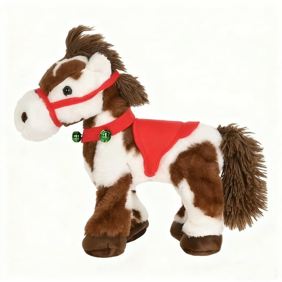 Christmas Spotted Electric Plush Horse Gift, Animated Stuffed Animal with Red Accents & Jingle Bells, Festive Playmate for Children