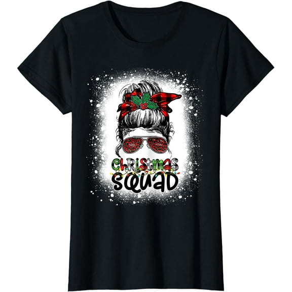 Christmas Squad Xmas Tree Lights Leopard Messy Bun Bleached T-Shirt