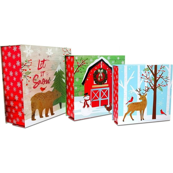 Christmas Square Nested Hard Gift Boxes with Glitter or Foil (Set of 3 Boxes) (Let It Snow - Foil Embossed)