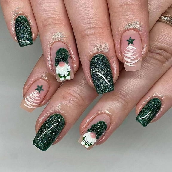 Christmas Square Press on Nails Short Fake Nails Press ons Nail Tips Kit False Nails with Olive Green Glitter Santa Claus Tree Design Artificial Acrylic Glue on Nails for Women Manicure 24Pcs