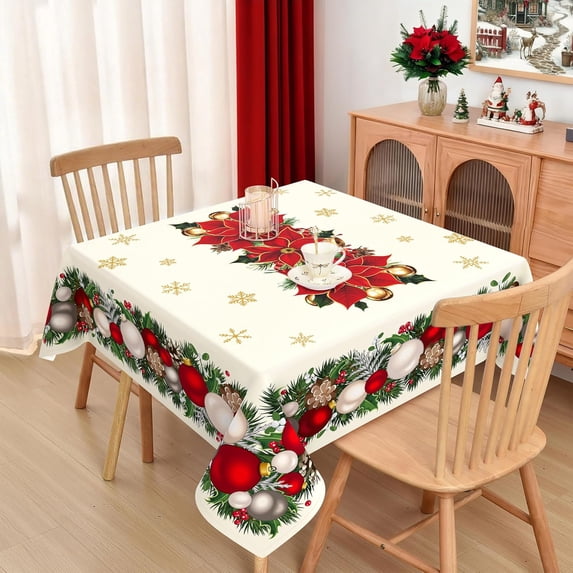 Christmas Square Tablecloth 60x60 Inch Waterproof Christmas Poinsettia Flower Tablecloth Xmas Washable Table Cloth for Winter Holiday Party Picnic Dinner Home Decor