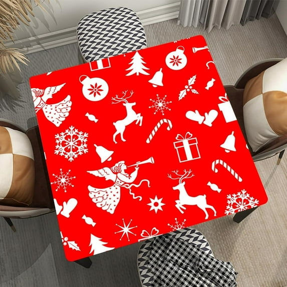Christmas Square Tablecloth, Merry Christmas Happy New Year, with Elastic Edge Design, Waterproof and Washable Table Cover, Fitted for 32"x32" Square Table, Style 15