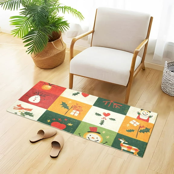 Christmas Squares Snowmen Hearts Bathroom Rug 39x20 Non Slip Quick Dry Washable Bathroom Mats for Bedroom Living Room Kitchen
