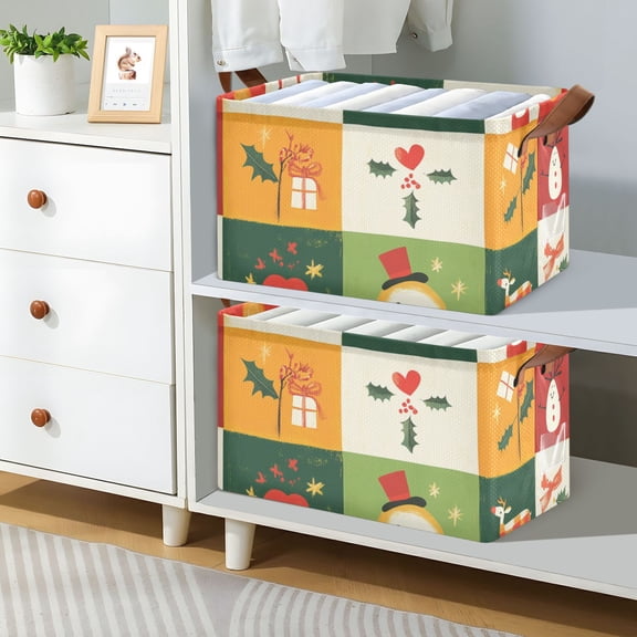 Christmas Squares Snowmen Hearts Foldable Storage Large Fabric Storage Baskets Organizer Storage Bins with Handles for Shelves
