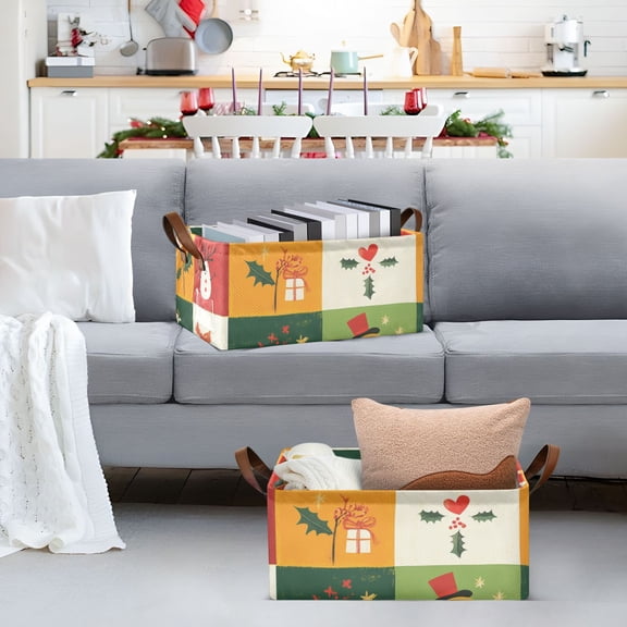 Christmas Squares Snowmen Hearts Storage Bins with Handles Foldable Storage Baskets for Shelves Organizer Cloth Baskets