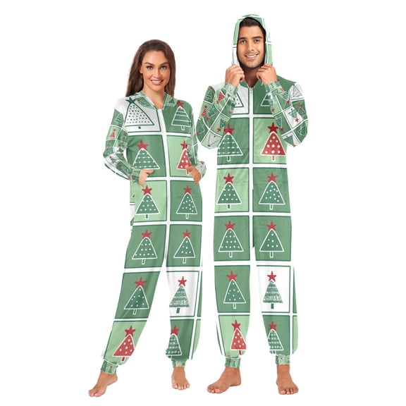 Christmas Squares Trees Adult Onesie Pajamas Slim Fit Christmas One Piece Suit Pjs for Women and Men Hooded Zipper