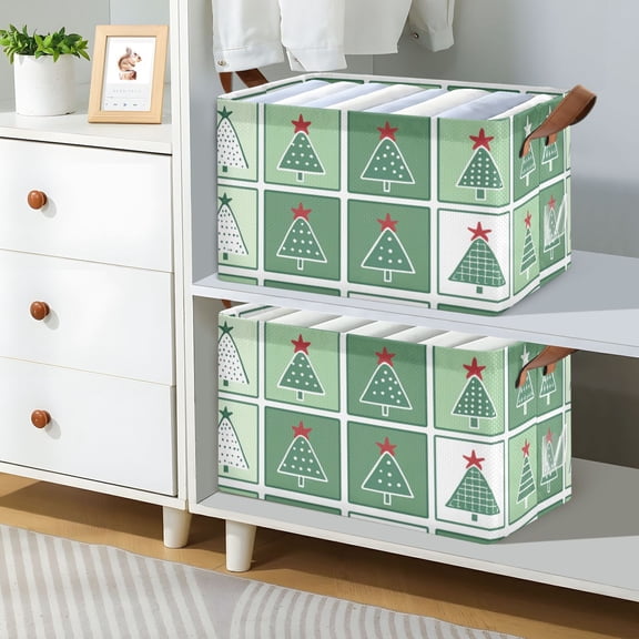 Christmas Squares Trees Foldable Storage Large Fabric Storage Baskets Organizer Storage Bins with Handles for Shelves