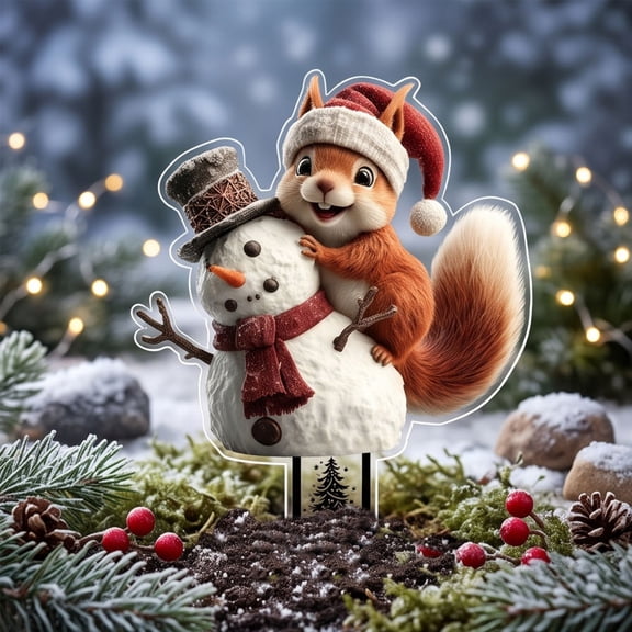 Christmas Squirrel Acrylic Garden Stake Sign, Winter Snowman Yard Decor, 7.9x6 in, Outdoor Patio Flower Bed & Potted Plant Ornament, White