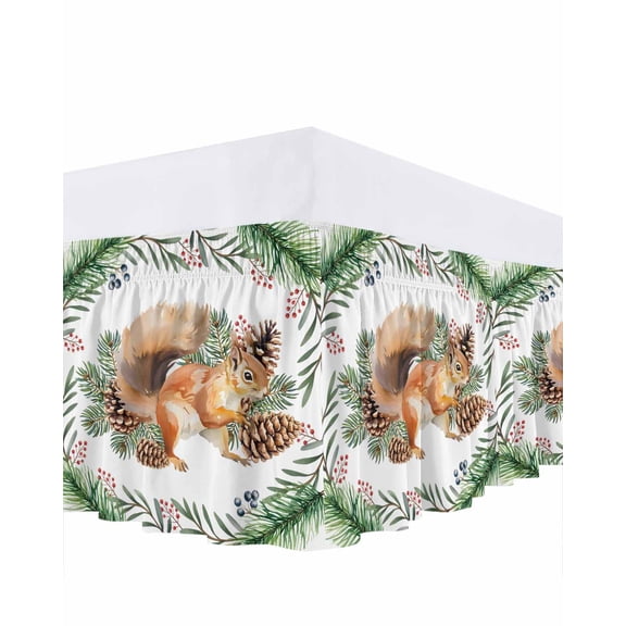Christmas Squirrel Bed Skirt Winter Pine Cone Leaf Branch Pastoral Bed Skirts Queen Size 16 Inch Drop, Wrap Around Dust Ruffle Bedskirt with Adjustable Elastic Belt for Queen Size Beds