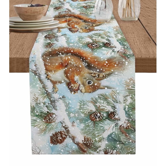 Christmas Squirrel Burlap-Cotton Table Runner 48 Inches Long,Blue Xmas Snowflake Pinecone Farmhouse Table Runners,Outdoor Dining Tablecloths Decor for Baby Shower Party Wedding 13x48
