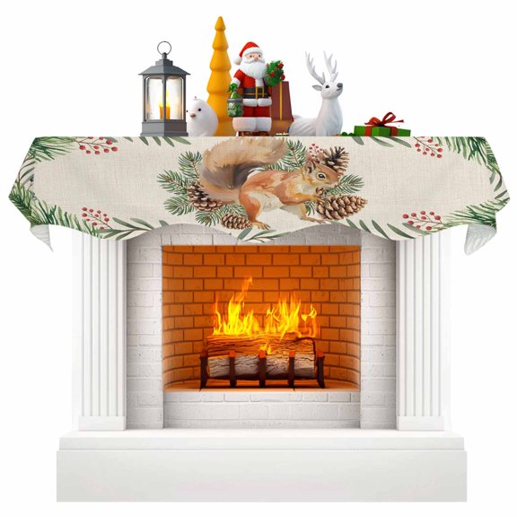 Christmas Squirrel Fireplace Mantle Scarf, Winter Xmas Pine Cones Plants Mantel Cover Table Runner for Home Living Room Door Window, Indoor Outdoor Holiday Party Decor 17" x 60"