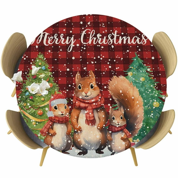 Christmas Squirrel, Fitted Tablecloth with Elastic Edged, Round Table Cloth for Dining Table, Shabby Chic Buffalo Plaid Red Waterproof Oil Proof Table Cover for Indoor Outdoor 36"-44"