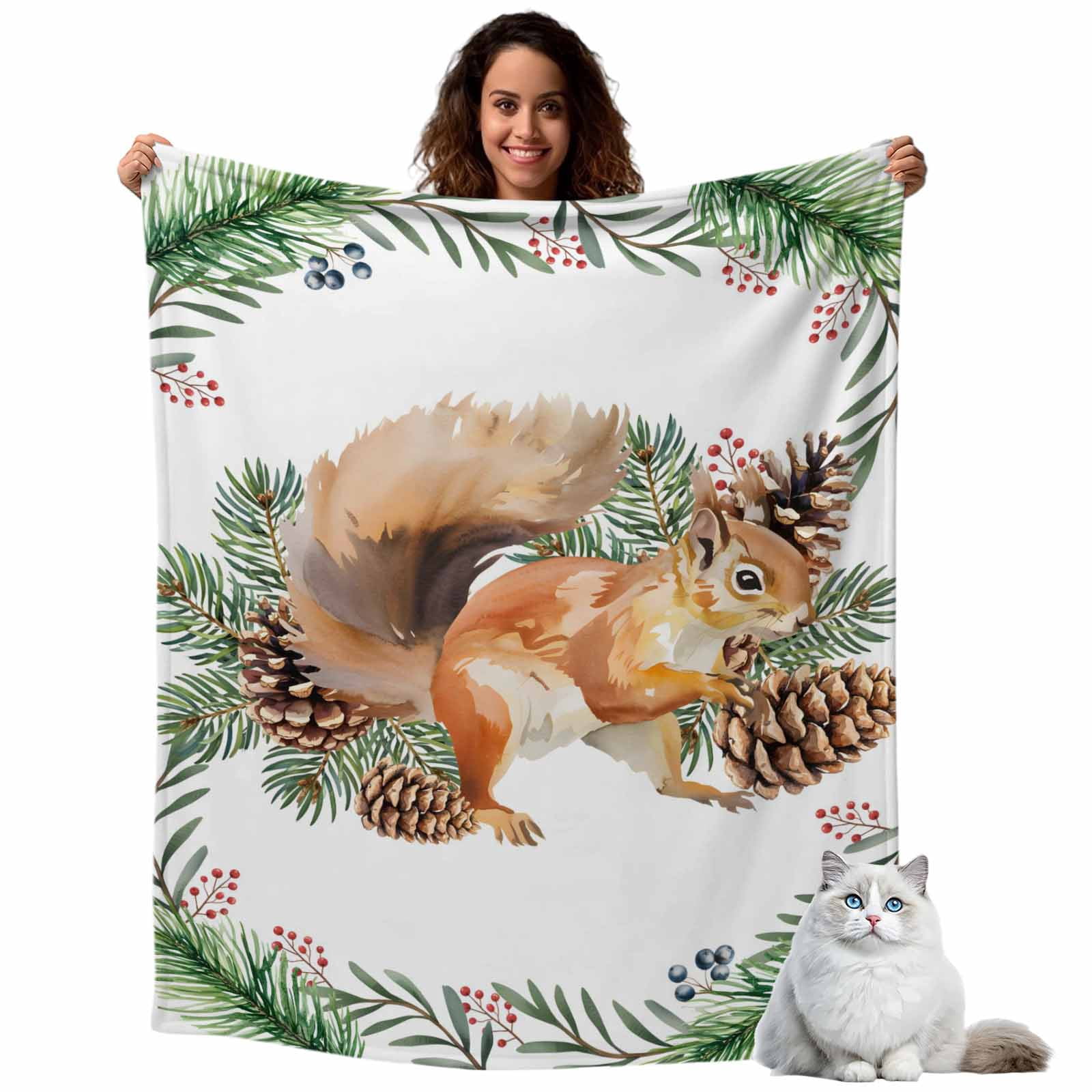 Pine Code Throw Christmas Squirrel Fleece Throw Blanket Lightweight Winter Pine Cone ...