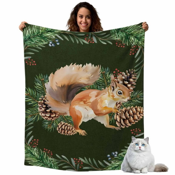 Christmas Squirrel Fleece Throw Blanket Lightweight Winter Pine Cone Leaf Dark Green Fuzzy Flannel Throws Super Soft Cozy Flannel Blanket for Couch, Sofa, Bed, Travel 40"x50"