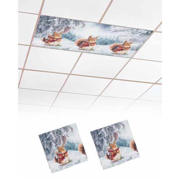 Christmas Squirrel,Fluorescent Light Covers for Ceiling Lights 4x2 feet,2 Pack Magnetic Light Filters for Classroom,Forest Snowflake Pine Tree Watercolor Fluorescent Light Shade Panel for Office