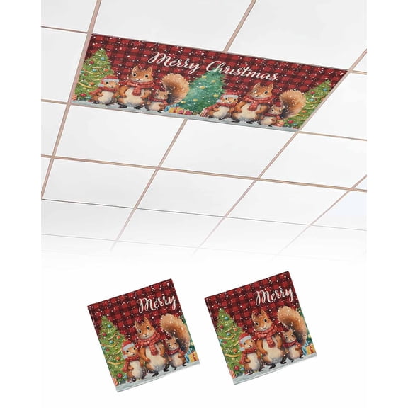 Christmas Squirrel,Fluorescent Light Covers for Ceiling Lights 4x2 feet,2 Pack Magnetic Light Filters for Classroom,Shabby Chic Buffalo Plaid Red Fluorescent Light Shade Panel for Office School Drop
