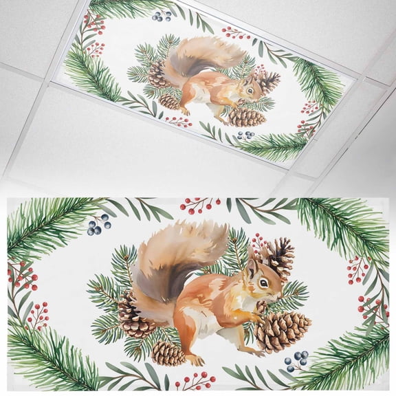 Christmas Squirrel Fluorescent Light Covers Winter Pine Cone Leaf Branch Pastoral Magnetic Light Filters Ceiling Lighting Panel Shade for Classroom Office Home 2 x 4 ft, 1 Pack