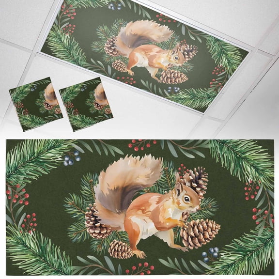 Christmas Squirrel Fluorescent Light Covers Winter Pine Cone Leaf Dark Green Magnetic Light Filters Ceiling Lighting Panel Shade for Classroom Office Home 2 x 4 ft, 2 Pack