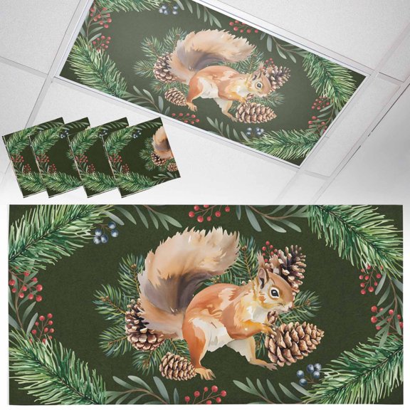 Christmas Squirrel Fluorescent Light Covers Winter Pine Cone Leaf Dark Green Magnetic Light Filters Ceiling Lighting Panel Shade for Classroom Office Home 2 x 4 ft, 4 Pack