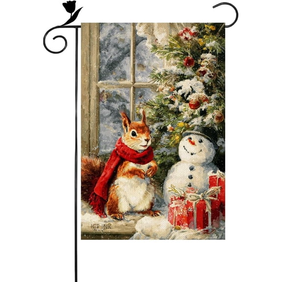 Christmas Squirrel Garden Flag 12x18 Inch Double Sided Linen Small Yard Flag for Outdoor Home Decoration