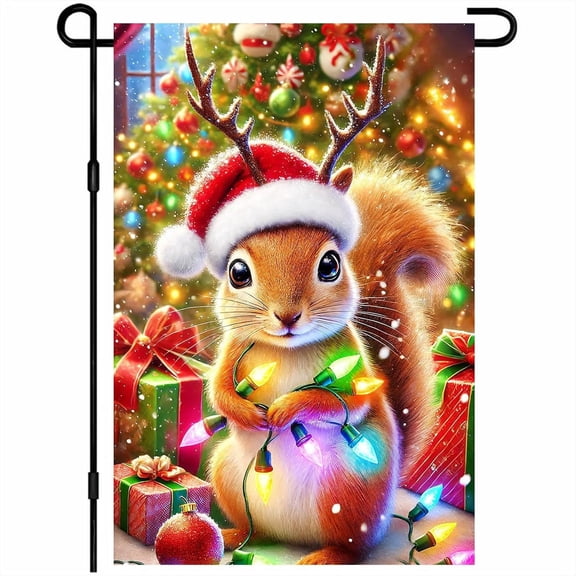 Christmas Squirrel Garden Flag 12x18 Inch Double Sided Winter Holiday Yard Banner for Outdoor Seasonal Porch Lawn Decoration