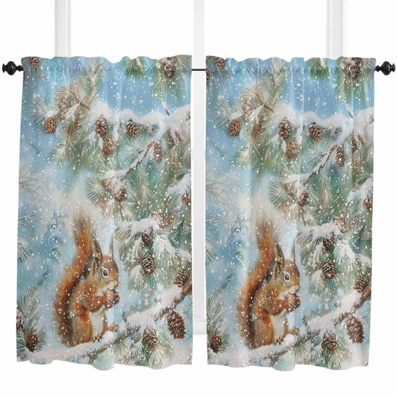Christmas Squirrel Kitchen Curtain 2 Panels Curtains 45 Inch Length, Blue Xmas Snowflake Pinecone Curtains Rod Pocket Curtains Window Drapes Treatment Window Cafe Curtains