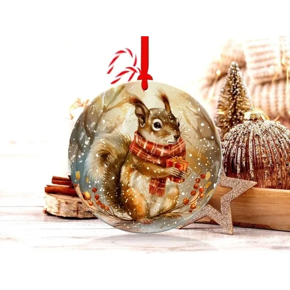 Christmas Squirrel Ornament Festive Animal Decoration Cute Woodland 2D FLAT CIRCLE Ceramic Ornament