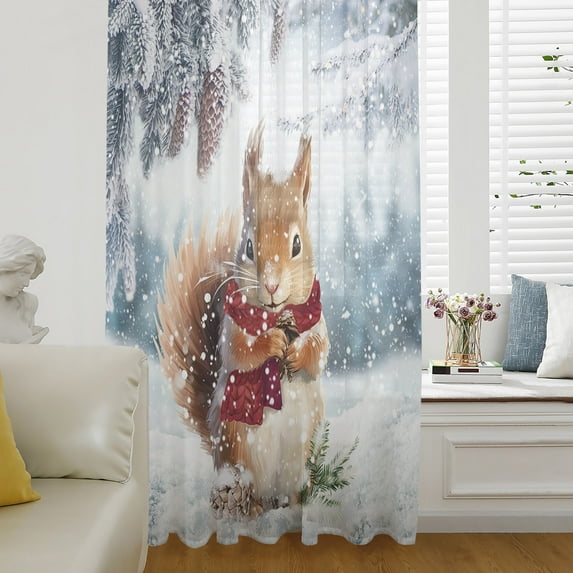 Christmas Squirrel,Semi Sheer Curtains Drapes for Living Room,Bedroom,French Doors Window 72 Inches Long,Forest Snowflake Pine Tree Watercolor Rod Pocket Chiffon Curtain Drapery Voile Drape Panel