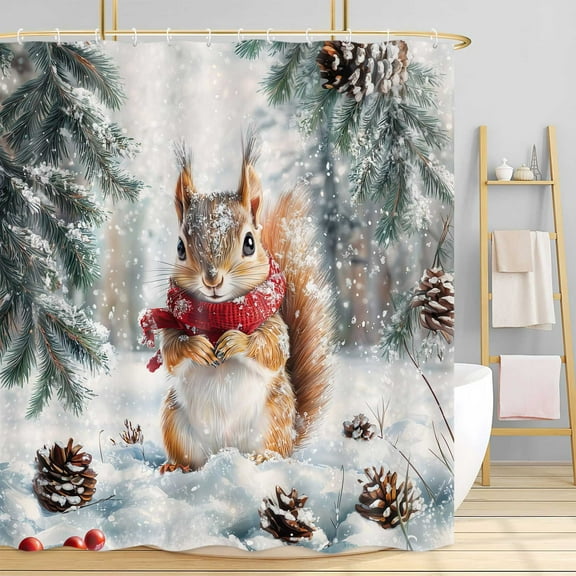 Christmas Squirrel Shower Curtain, Xmas Snowflake Forest Shower Curtain，Cute Animal Shower Curtains for Bathroom，Winter Holiday Xmas Snowflake Rustic Farmhouse Bathroom Decor 72 x72 Inch