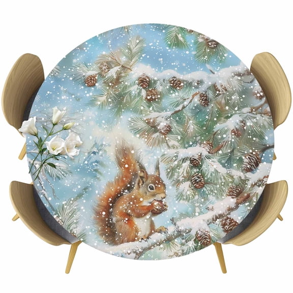 Christmas Squirrel Table Cloth, Round Fitted Tablecloths with Elastic Edge, Blue Xmas Snowflake Pinecone Wipeable Waterproof Table Cover for Kitchen Wedding 55-60 Inches