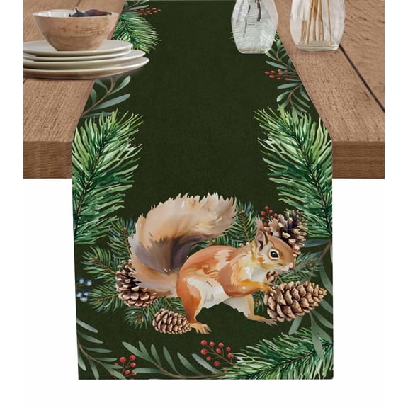 Christmas Squirrel Table Runner 60 Inches, Sage Green Pine Cones Berry Pastoral Bed Runner Dresser Scarves Tabletop for Indoor Outdoor Parties/Ceremony/Banquet, 13" x 60"