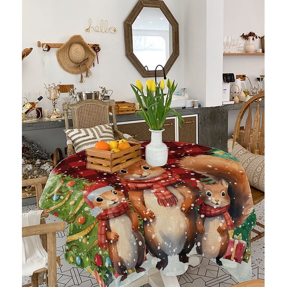 Christmas Squirrel, Tablecloth Square Table Cloth 54x54, Waterproof Tablecloth Outdoor Table Cloth, Shabby Chic Buffalo Plaid Red Washable Table Cover for Kitchen Dining Party