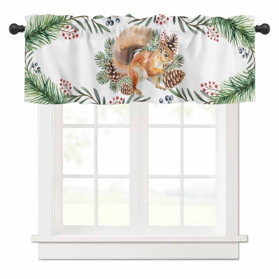 Christmas Squirrel Valances for Windows Winter Pine Cone Leaf Branch Pastoral Rod Pocket Curtain Valance Window Treatment Short Curtains for Kitchen Living Room, 60"x14"