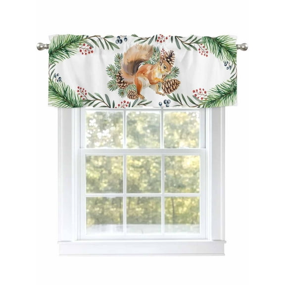 Christmas Squirrel Valances for Windows Winter Pine Cone Leaf Branch Pastoral Rod Pocket Curtains Valance Short Window Treatment Drapes for Living Room, Bedroom Bathroom 60" W x 18" L