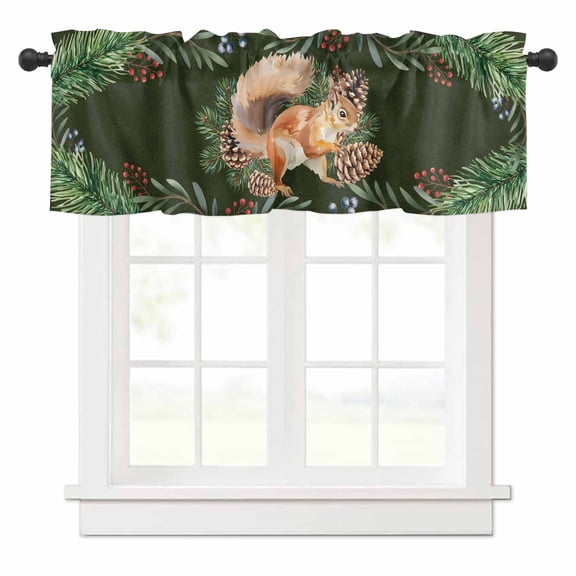 Christmas Squirrel Valances for Windows Winter Pine Cone Leaf Dark Green Rod Pocket Curtain Valance Window Treatment Short Curtains for Kitchen Living Room, 60"x18"