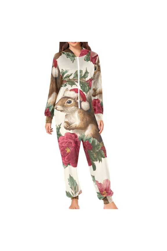 Christmas Squirrels Pine Cone in Wreath Adult's Hoodie Onesie Jumpsuit One-Piece Pajamas with Zipper Unisex for Holiday M