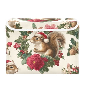 Christmas Squirrels Pine Cone in Wreath Foldable Storage Bins with Lids Handles Collapsible Storage Containers Tote Boxes 16.5 x 12.6 x 11.8 inches