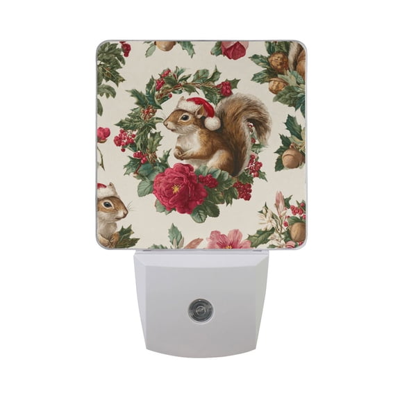 Christmas Squirrels Pine Cone in Wreath LED Night Light Sensor Lamp Plug-in Adjustable Brightness 2 Pack