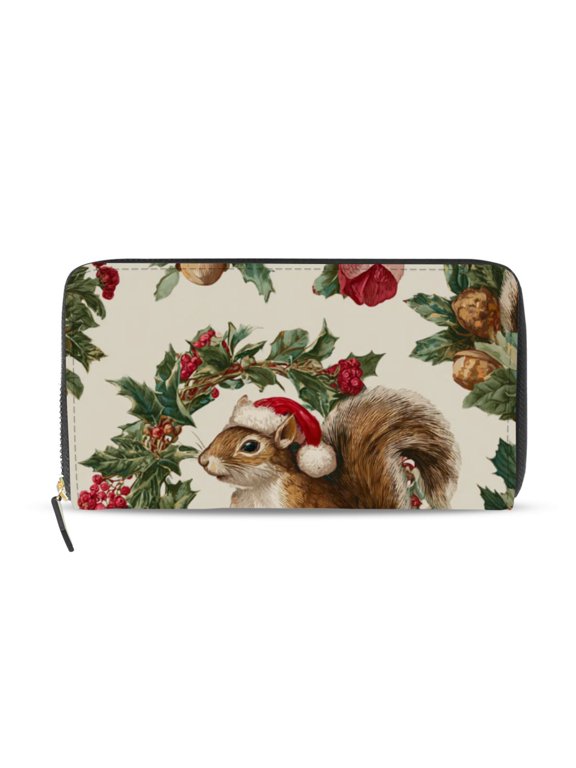 Christmas Squirrels Pine Cone in Wreath Women's Long Zipper Wallet Bifold Clutch Purse PU Leather Card Cases