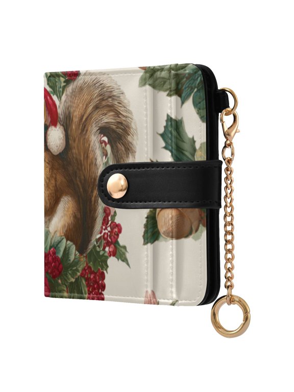 Christmas Squirrels Pine Cone in Wreath Women's Wallet PU Leather Card Cases RFID Blocking Purse Billfold with Key Ring