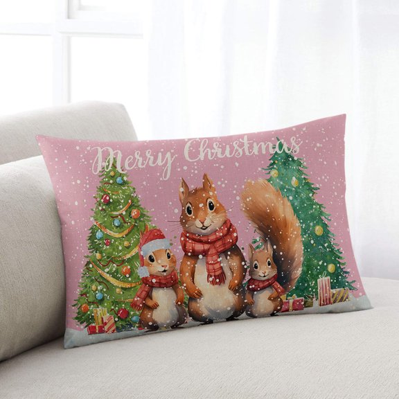 Christmas Squirrels Throw Pillow Cover,Pine Tree Snowflake Rustic Pink Xmas Rectangle Decorative Pillow Case Protector Soft Cushion Cover Lumbar Pillowcase for Couch Sofa Bedroom Car Decor 20x30 Inch