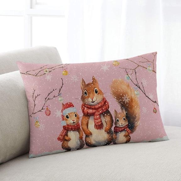 Christmas Squirrels Throw Pillow Cover,Winter Snowflake Tree Branch Pink Xmas Rectangle Decorative Pillow Case Protector Soft Cushion Cover Lumbar Pillowcase for Couch Sofa Bedroom Decor 12x20 Inch