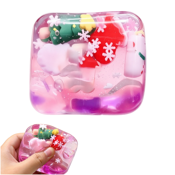Christmas Squishy Cube, Transparent Fidget Stress Relief Toy with Tree & Snowflake, Soft Sensory Squeeze for Stocking Stuffer (Purple)