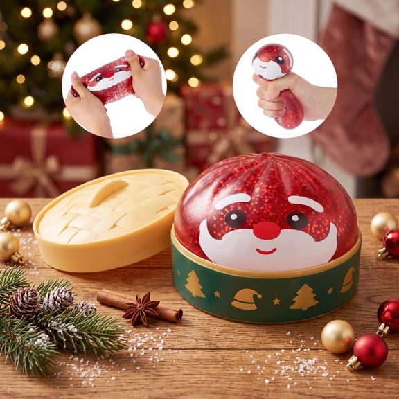 Joyfy Christmas Squishy Toy, Santa Claus Glitter Squishy Stress Toy in Pie-Shaped Display Box, Stretchy Squeeze Fidget Toy for Kids and Adults, Holiday Party Favor and Stocking Stuffer Gift